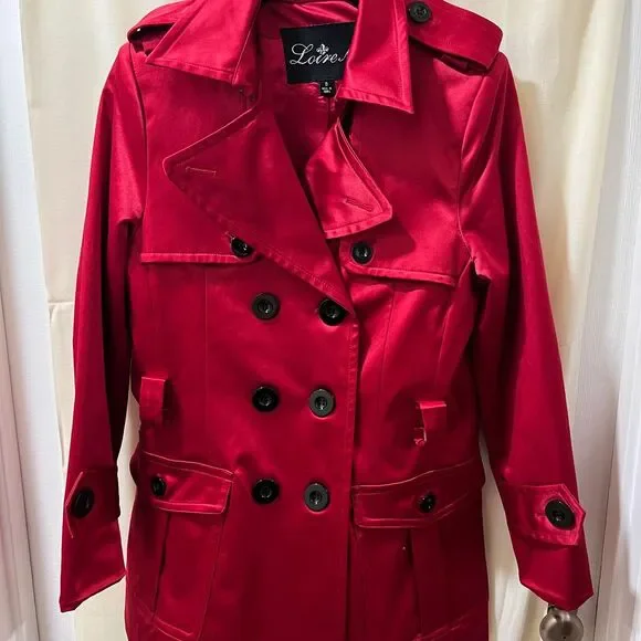 Love NY Red Satin Double-Breasted Trench Coat Military Style Jacket-Small - Picture 1 of 7